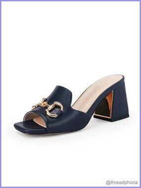 Women's Peep Toe Slides Chunky Heel Mules Metal Chain Slip-On Sandals